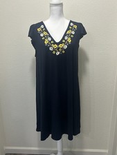 Loft navy sleeveless swing dress with embroidered flowers, large