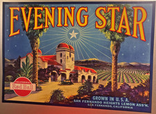 Antique 1930s Evening Star Crate Label, San Fernando, CA, NOS Americana Wall Art