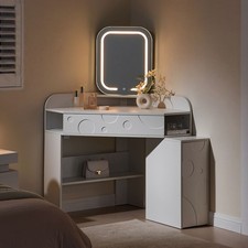Corner Mirror Dressing Table with LED Lights Makeup Desk Stretchable Cabinet