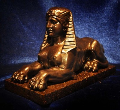 EGYPTIAN BRONZED SPHINX BUST ORMOLU RELIEF FRENCH NEOCLASSICAL NUDE DECO MARBLE