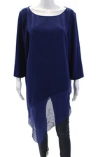 St. John Womens Back Zip 3/4 Sleeve Sheer Trim Asymmetrical Top Blue Size Large