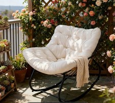 Garden Outdoor Rocking Chair Large Metal Frame Thick Padding Cream White