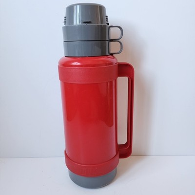 Vintage Thermos Add A Cup 1.8 Liter Red Gray 32-180 Insulated 2 Cups England