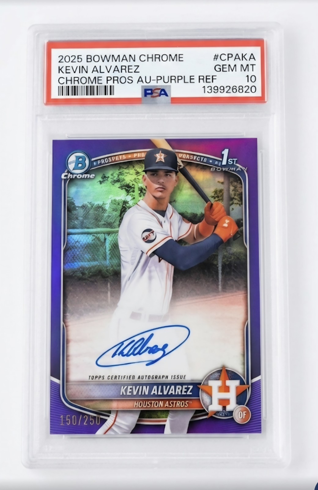 2025 Bowman Chrome Kevin Alvarez 1st Purple Refractor Auto #/250 Astros PSA 10