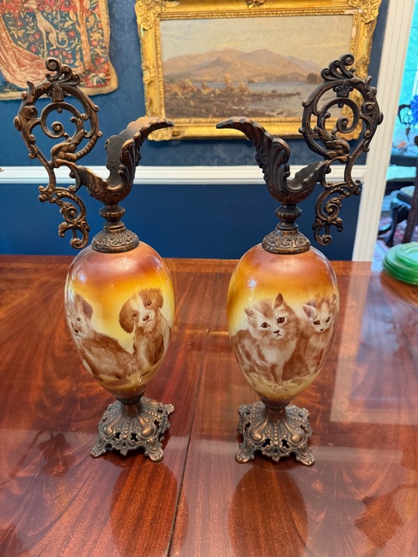 Adorable Victorian Style Puppy & Kitten Ewers in Brown, Yellow & Brass