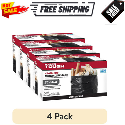 (4 pack) Hyper Tough 42-Gallon Flap Tie Contractor Bags, 3 MIL, 20 Black Bags
