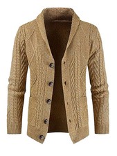 Men's Cable Knit Cardigan Sweater Wool Blend Long Sleeve Shawl Collar Casual