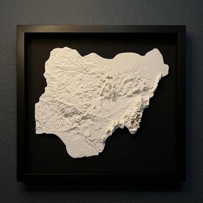 3D Nigeria Map Wall Art: Topography in Black Wood Frame