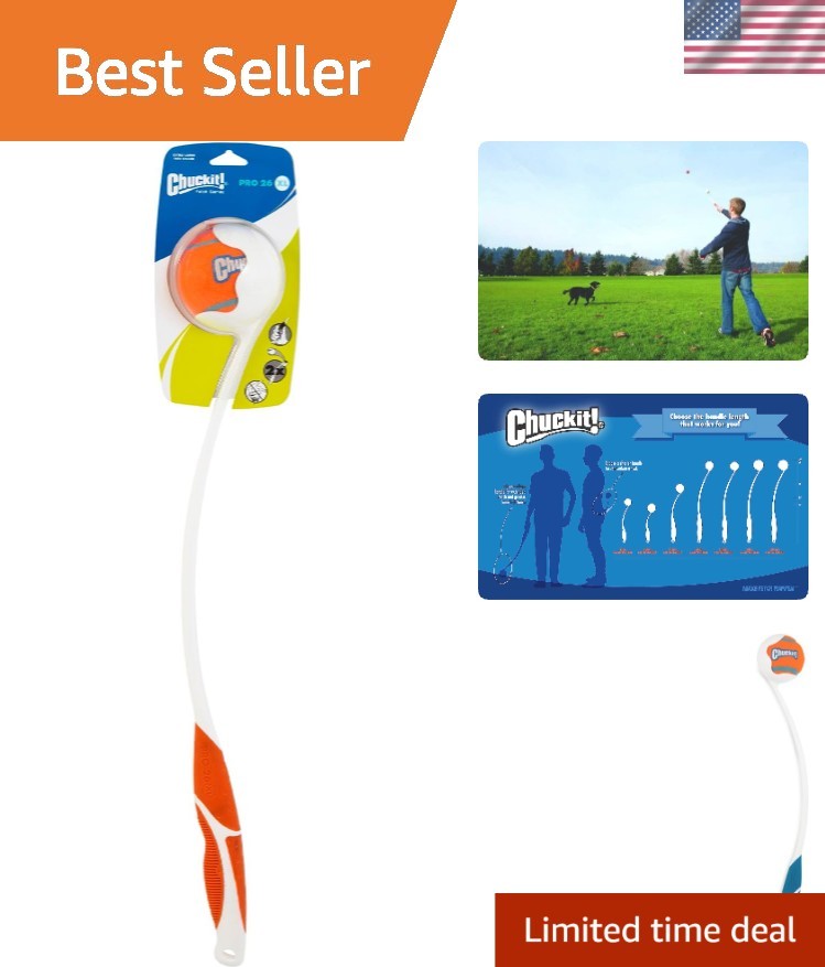 Lightweight 26-inch purple dog ball launcher with textured handle, shown in action outdoors, brand name “Chuckit!”