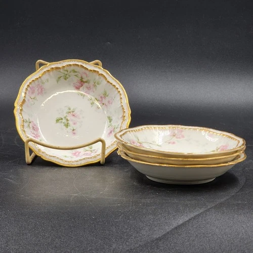 4 Limoges Obst Dessert Schalen 5,5" Die Ardennen Rosa Rosen Gold Haviland Frankreich - Bild 1 von 11