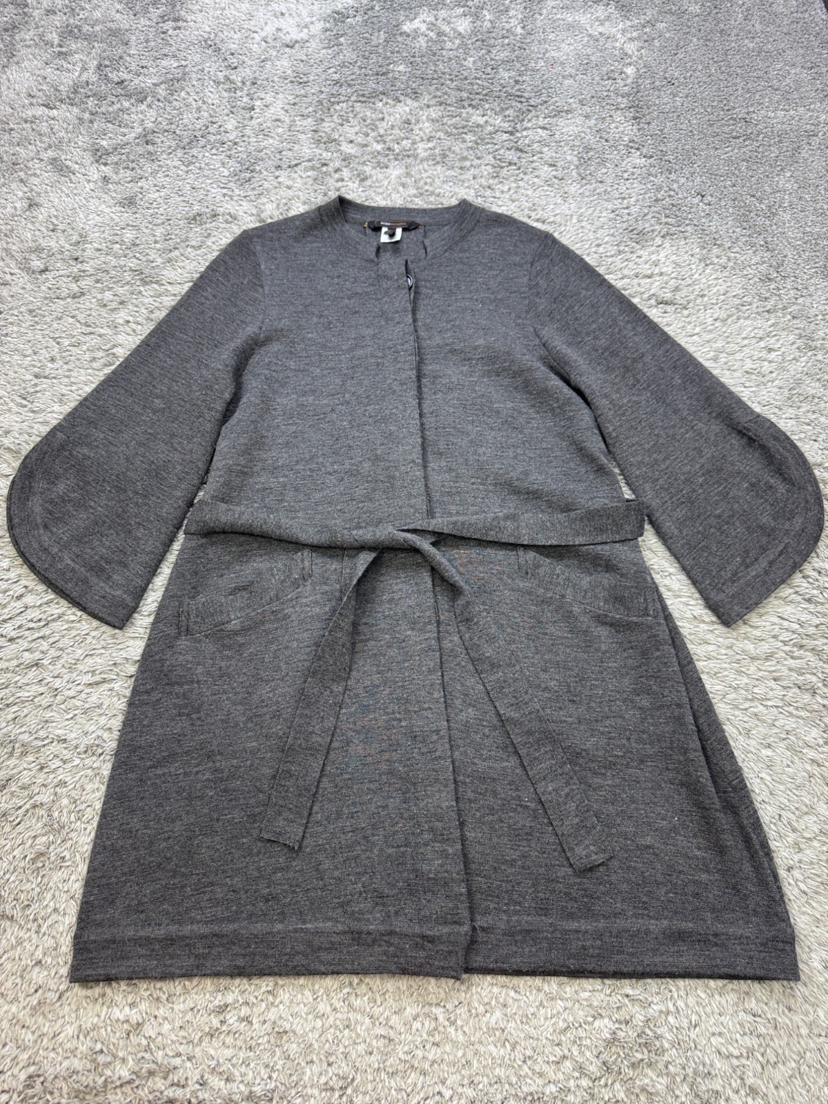 BCBGMaxAzria Sweater Women Medium Gray Merino Wool Belted Flare Sleeve Cardigan