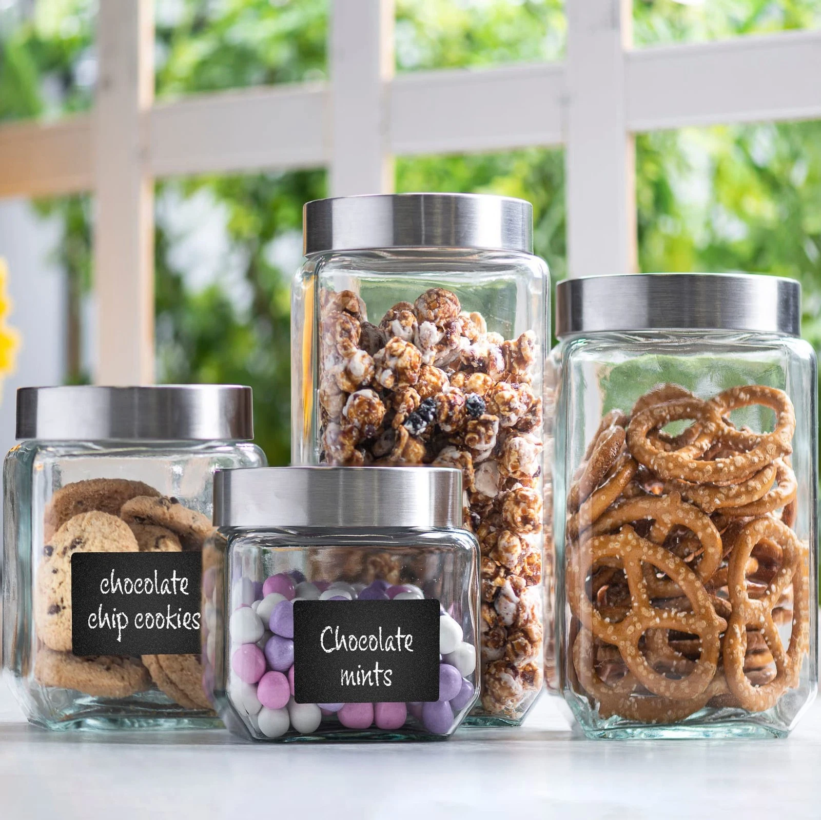 4pc Square Glass Cookie Jars with Airtight Lids + Marker & Labels, Canister S...