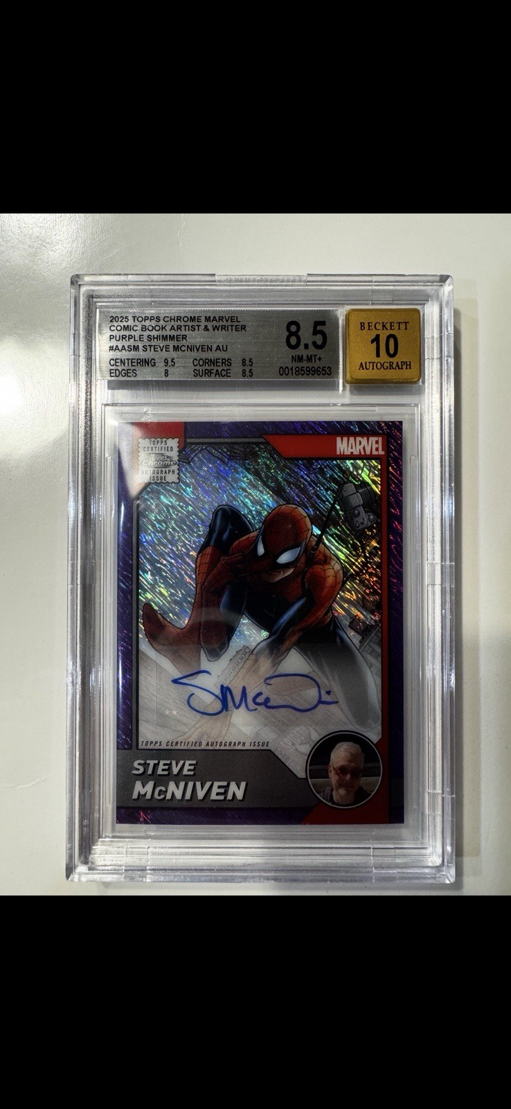 Topps 2025 Topps Chrome Marvel Spider-Man AA-SM Purple Shimmer Auto BGS 8.5