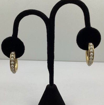 Vintage Signed Trifari TM Gold Tone Faux Pearl Hoop Pierced Earrings