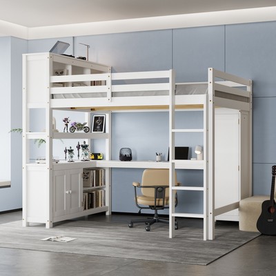 Wood Loft Bed with Cabinet and Bookshelf, Queen Size Loft with Wardrobe and Des