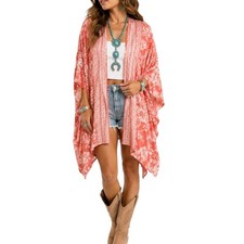 Angie Floral Kimono Cover Up Coral White Boho Open Front Duster Size L