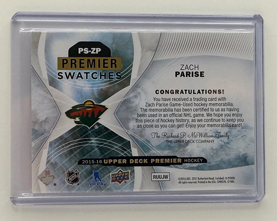 2015-16 UD Premier Zach Parise Jersey Swatch /65 Wild Game-Used Relic NHL - Image 3 of 3