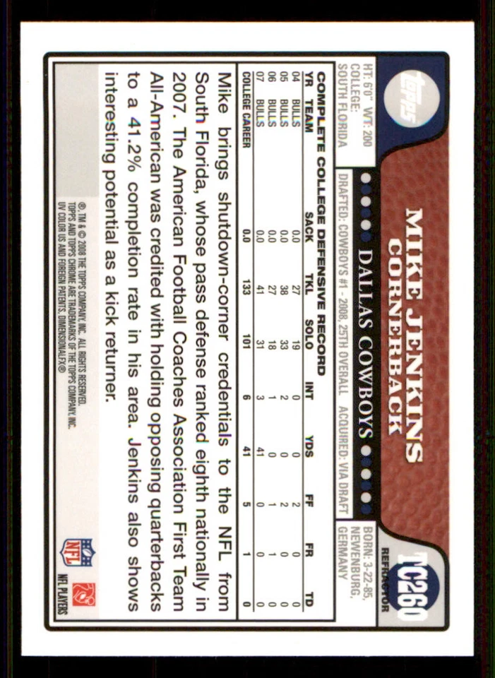 2008 Topps Chrome Refractors #TC260 Mike Jenkins - Image 2 of 2