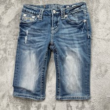 Vintage Miss Me Bermuda Shorts Girls 16 Blue Embroidered Distressed Denim 26x12