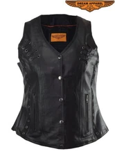 Black Women's Naked Cowhide Leather Motorcycle Concealed Carry  Biker Vest