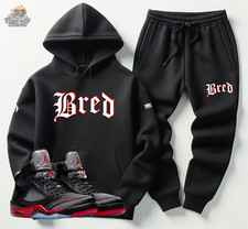 Men's Hoodie Joggers Black Red Outfit Sweatsuit To Match Air Jordan 5 Satin Bred