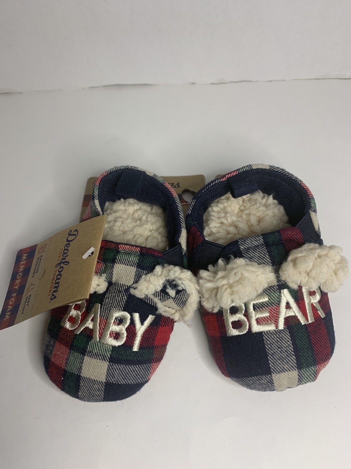 DEARFOAMS Kid's Cozy Comfort PLAID BABY BEAR SLIPPERS SIZE 5/6 Memory Foam NEW