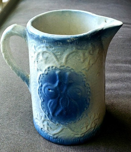 Antique Primitive Hull Blue Grey Salt-Glazed Stoneware Pitcher Fruit Design - Picture 2 of 10