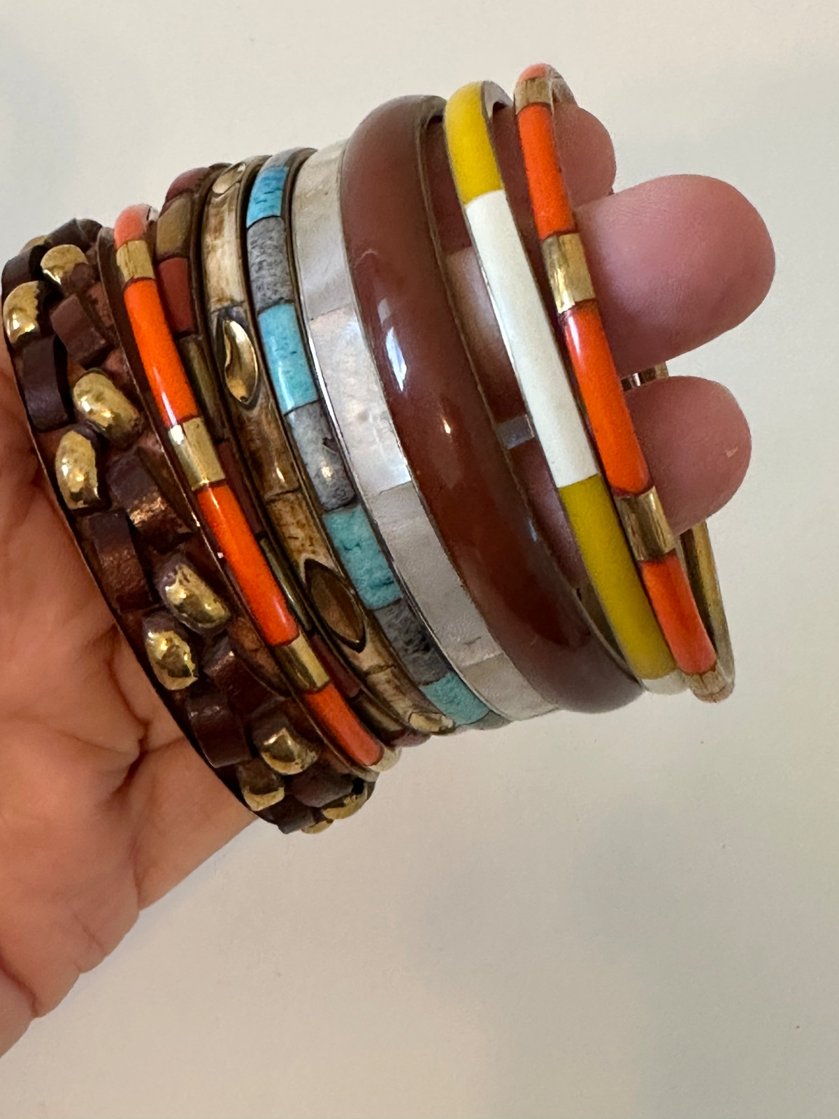 VTG Bangle Stackable Brown Orange Shell Wood Leat… - image 3