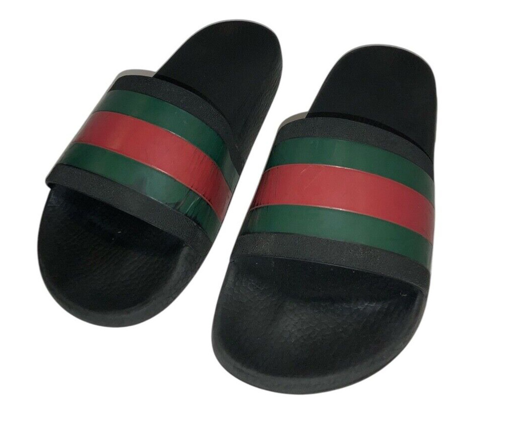 Men's GUCCI WEB Green Red Black Rubber Pool Slide Size 7