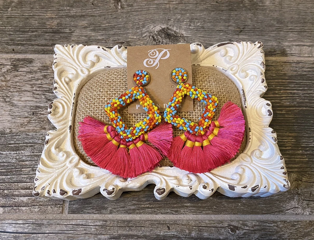 Plunder Earrings SAM Multi Colored Beads Hot Pink Tassels 3