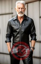 OLD MENS GENUINE SHEEP BLACK LEATHER CATSUIT WITH BELT OVERALL BODYSUIT JUMPSUIT
