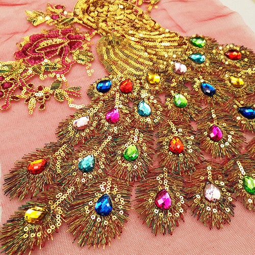 Sequin Peacock Patches Rainbow Embroidered Sew on Appliques Lace Mesh Badge DIY - Picture 7 of 12