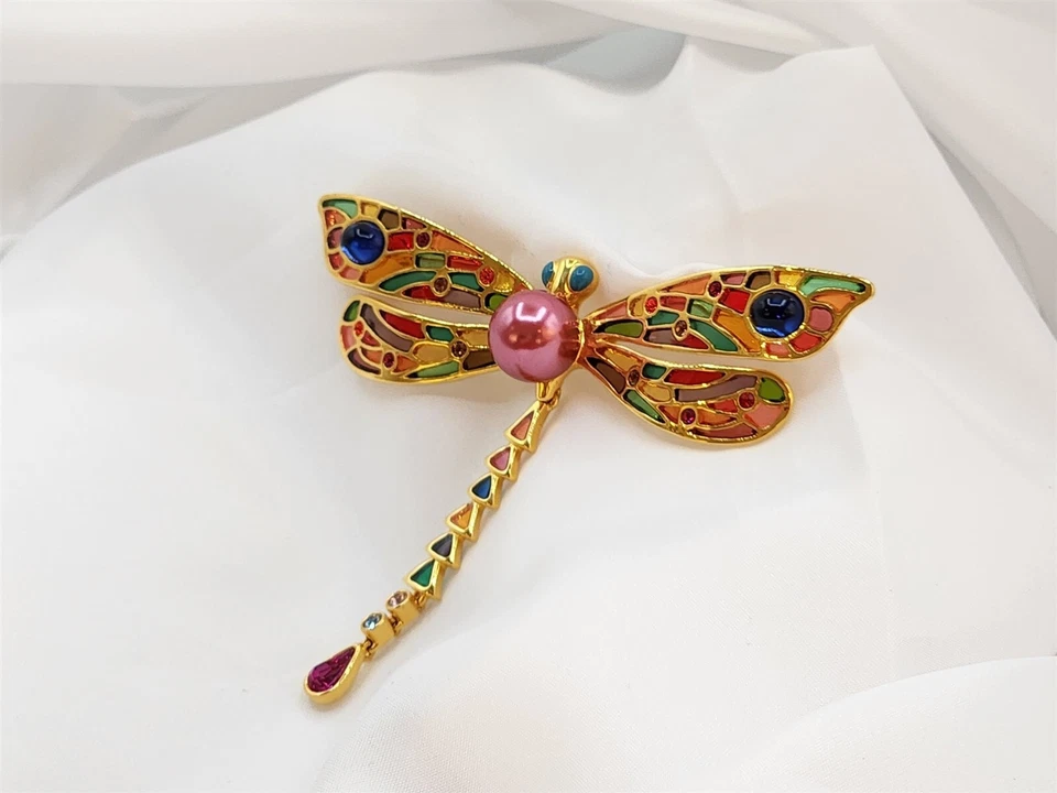 Joan Rivers Dragonfly Brooch Stained Glass Pearl Gold Tone & Multi Color Large