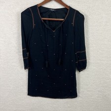 Madewell Embroidered Shift Dress Womens  XXS Black F9478 Tassels Boho 3/4 Sleeve