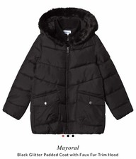 Mayoral Girl s Padded Coat With Faux Fur Trim Hood. Black. Size 8.