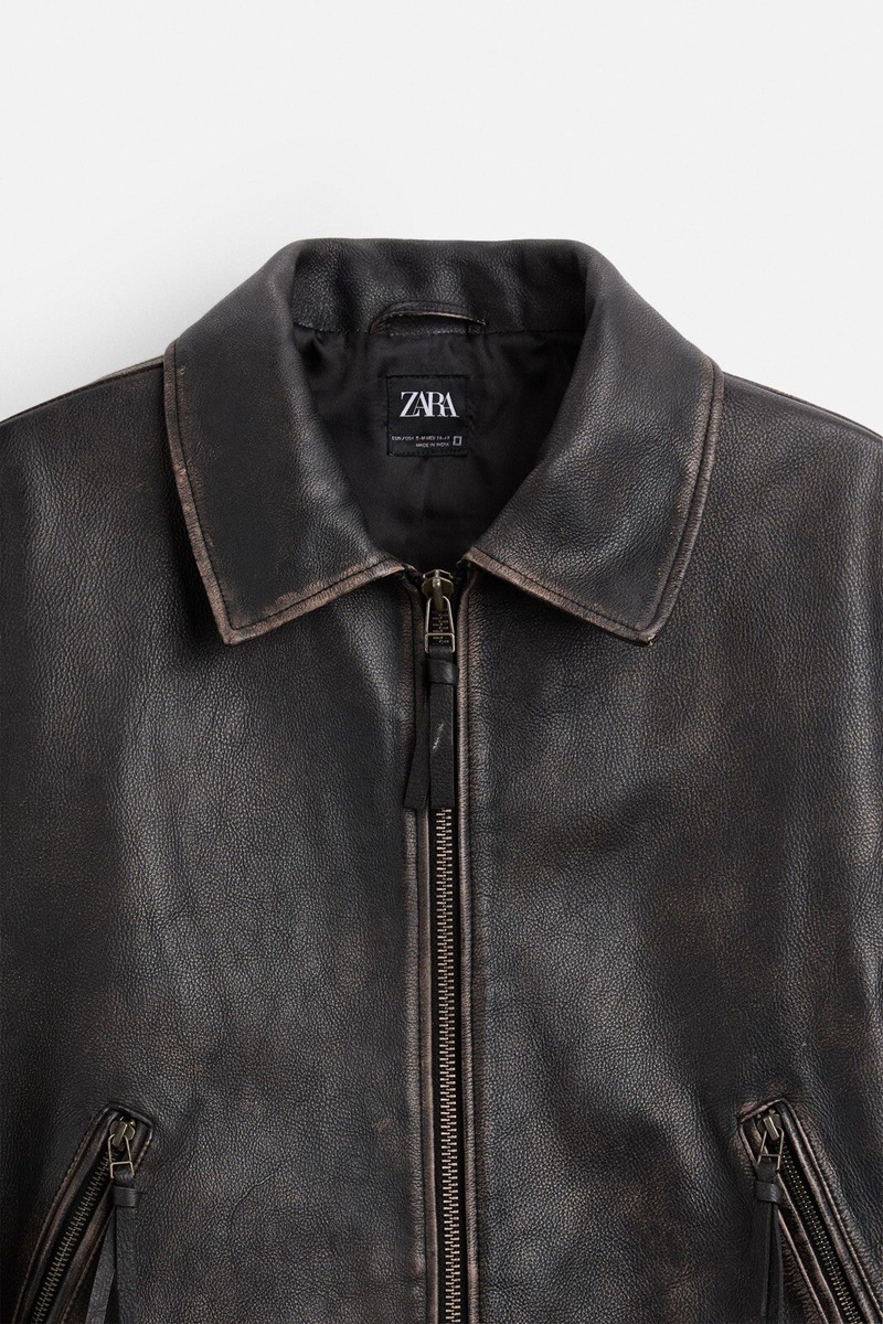ZARA $619 Vintage Effect 100% Cow Leather Jacket Mens S/M Unisex