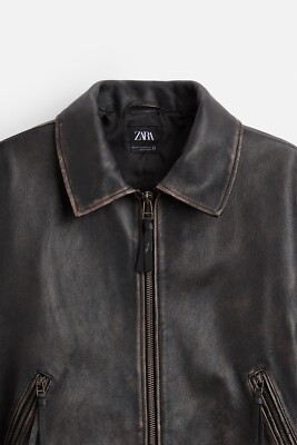 ZARA $619 Vintage Effect 100% Cow Leather Jacket Mens S/M Unisex