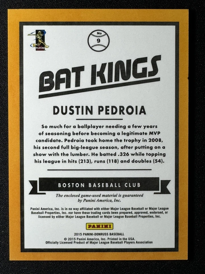 DUSTIN PEDROIA 2015 Panini Donruss Baseball GAME USED Relic Boston RED SOX RARE - Image 2 of 2