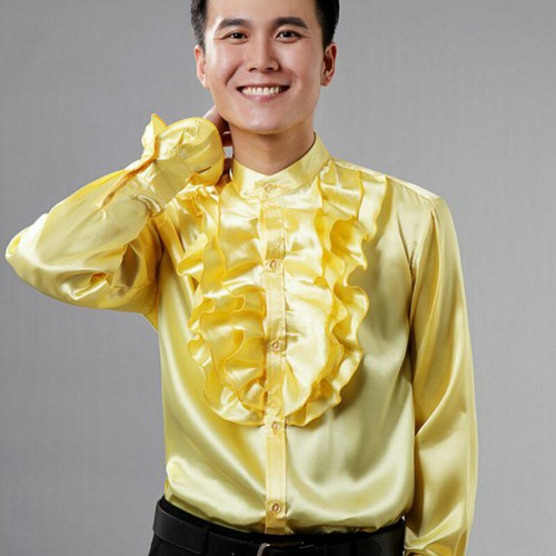 Men Silky Satin Dress Shirt Top Ruffle 