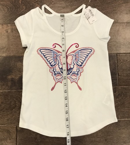 Kinder Place weiß Cut Out Shirt glitzernd rosa/blau Schmetterling Medium 7/8 - Bild 2 von 4