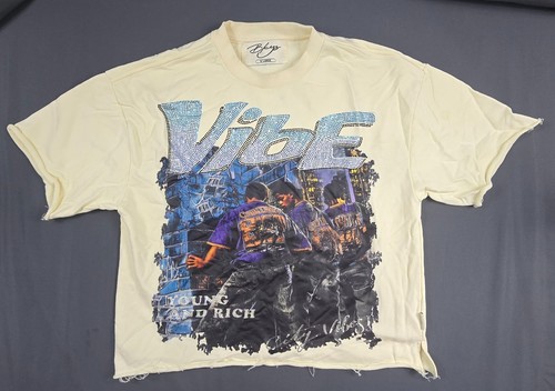 BKYS Vibe Cropped T-Shirt Mens Off White Graphic Rhinestone Logo Casual Tee - XL
