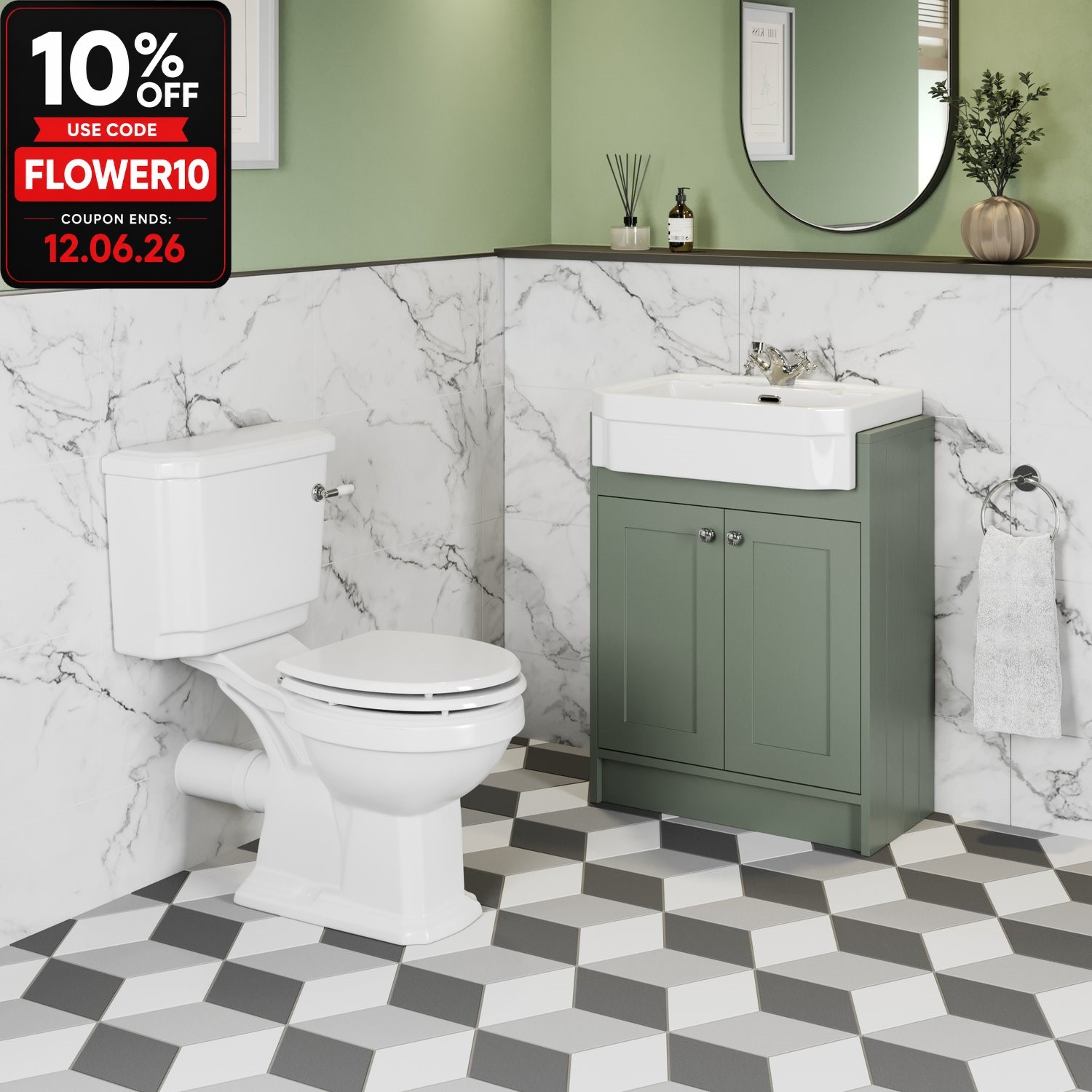 Traditional Bathroom Cloakroom Suite Close Coupled Toilet WC Green Vanity Unit