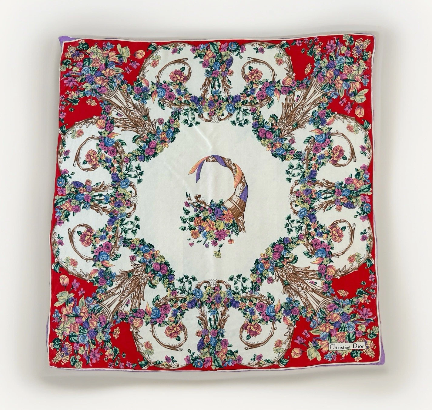 Christian Dior foulard en soie fleurs rouge floral vintage AUTH