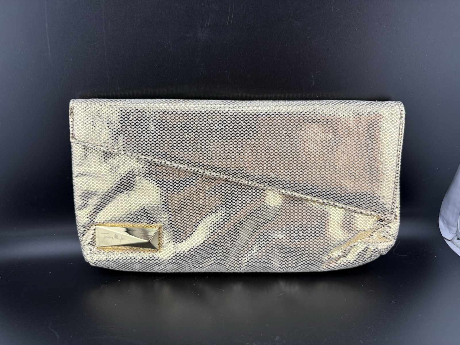 Thierry Mugler Metallic Mesh Envelope Clutch Bag Purple Satin