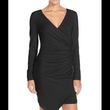 Adelyn Rae S Faux Wrap Ruched Sweater Dress knit black stretchy cozy fall winter