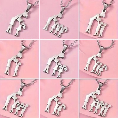 Mother Child Heart Necklace Stainless Steel Family Figure Pendant