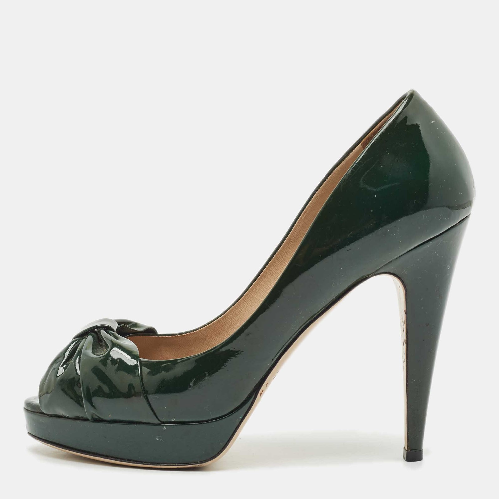 Valentino Green Patent Leather Bow Peep Toe Pumps Size 39.5