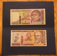 SPECIMEN ! Zwei Geldscheine 1000000 und 5000000 Intis von Peru. SEHR SELTEN !