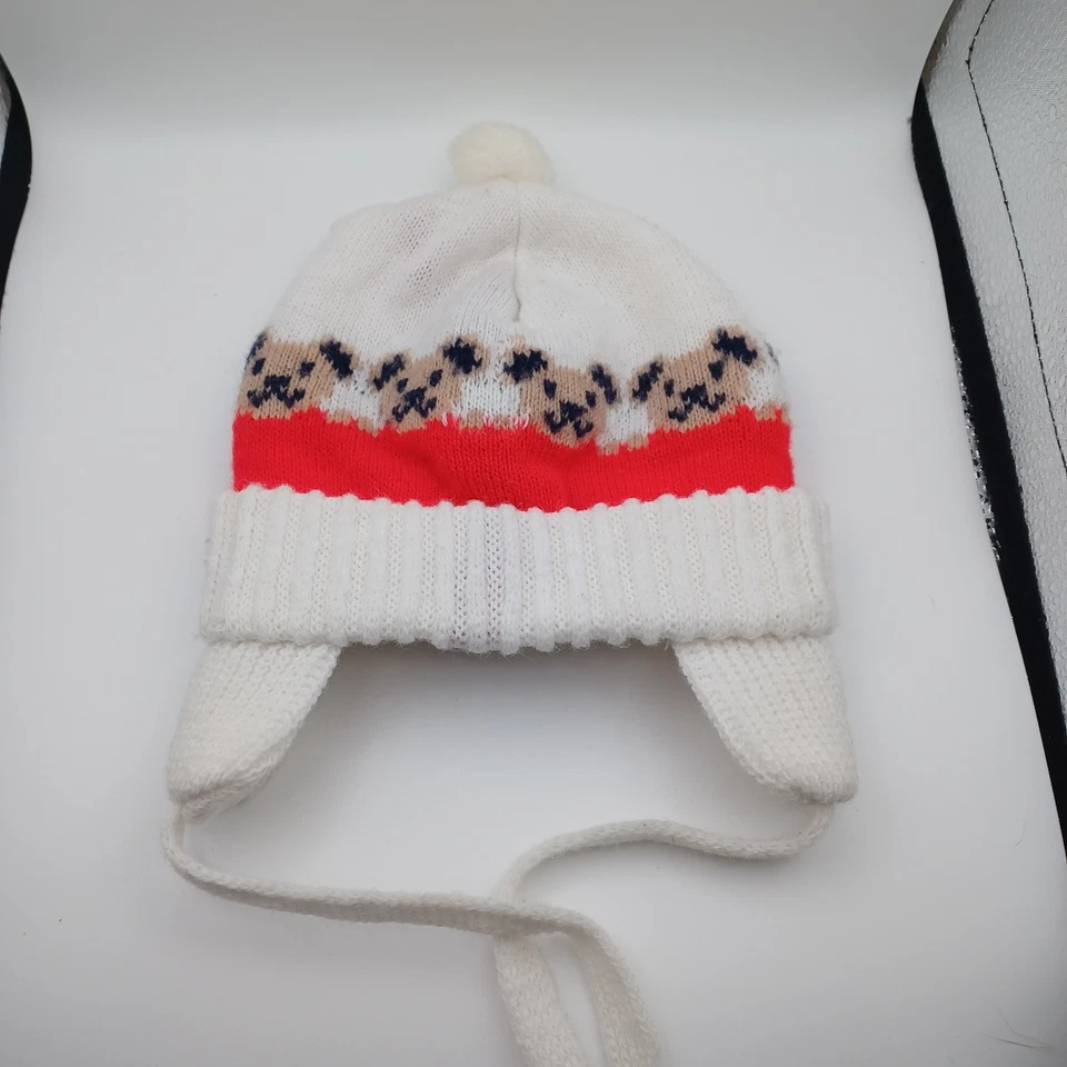 Teddy Bear Knit Infant Ear Flap Pom Winter Trapper Hat Newborn Baby Holiday VTG - Image 2 of 4
