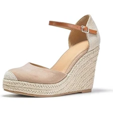 Fisace Womens Size 8 Tan Faux Suede 4" Wedge Espadrille Ankle Strap Sandal Shoes